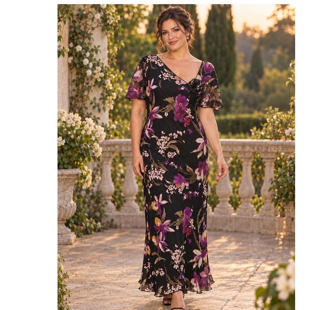 Adrianna Papell 100% Silk Floral Maxi Dress Dark Romantic Wedding Elegant Garden